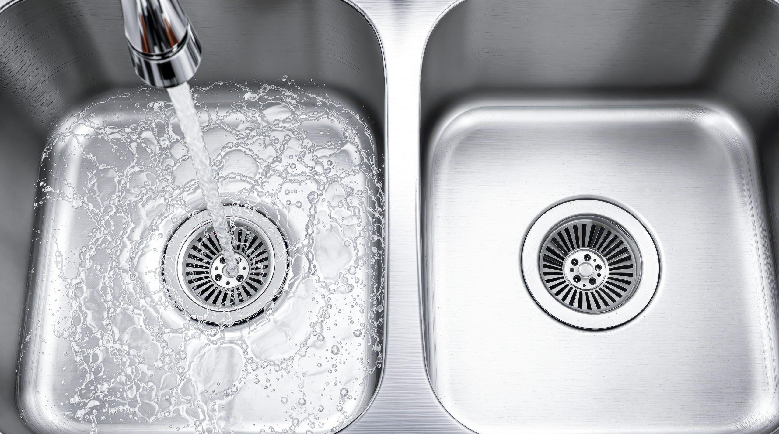 a clean kitchen basin where water flows from a chrome tap into the metal sink this kitchen scullery features a dual bowl setup with a metal strainer photo