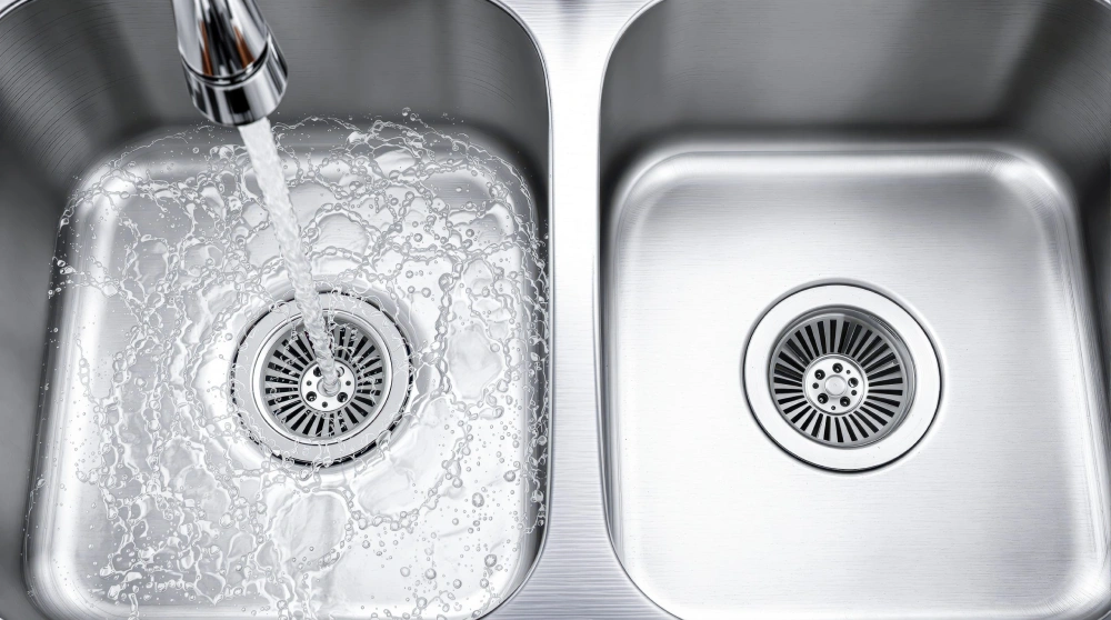 a clean kitchen basin where water flows from a chrome tap into the metal sink this kitchen scullery features a dual bowl setup with a metal strainer